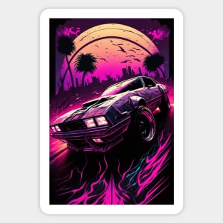 80s Car In Pursuit In Front Of A City And Synthwave Sun Sticker